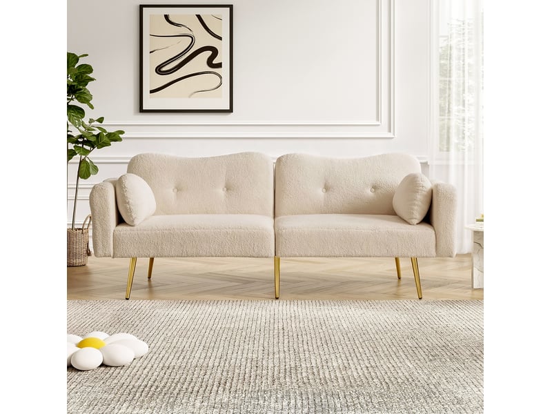  Canapé convertible scandinave 2 places 175x79x82cm, laine d'agneau tendre, mousse, pieds métal, dossier à 3 positions, beige  - Conforama B