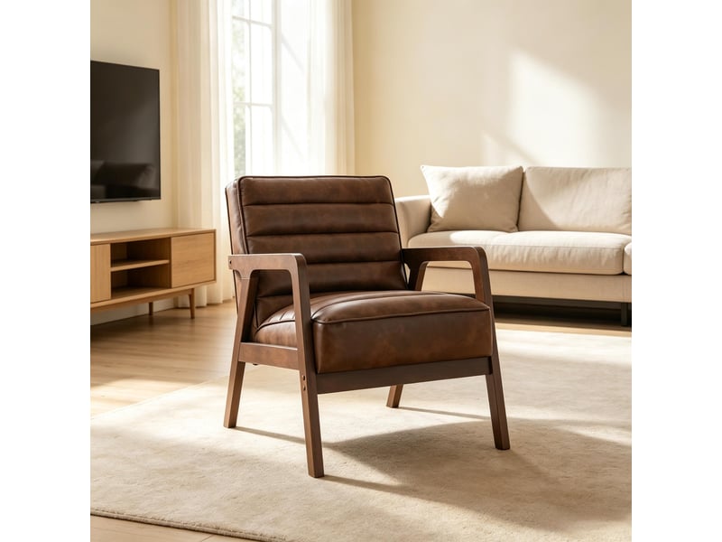  Fauteuil de salon rembourré en bois massif, chaise d'appoint en pu avec grande assise et coussin d'assise épais pour le salon  - Conforama B