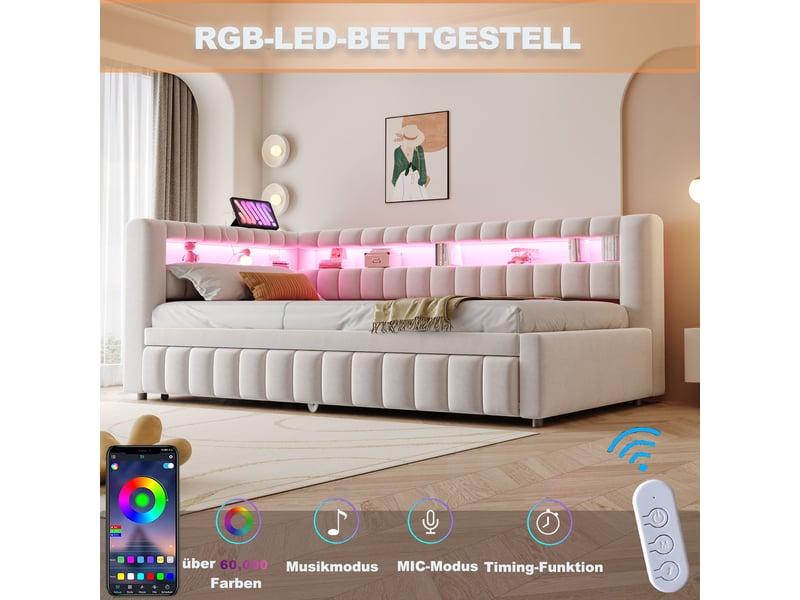 Lit banquette convertible 90x200 cm avec lit gigogne, led, usb et type-c, tête de lit avec rangement, velours beige - Conforama E