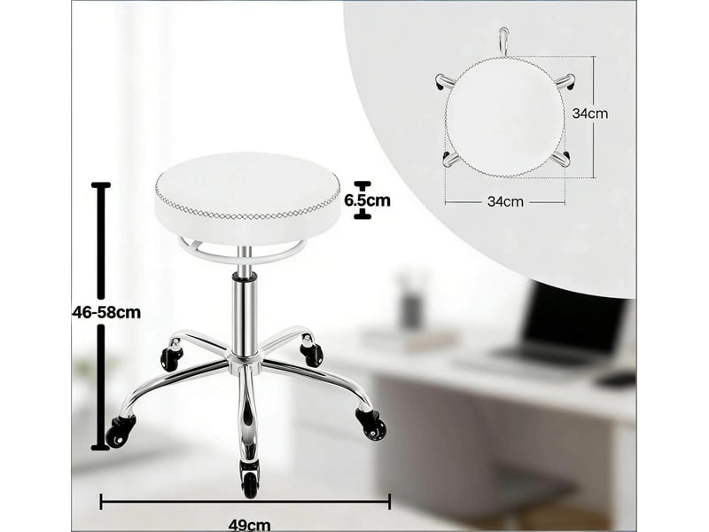  Tabouret de bureau à roulettes pivotant 360° réglable - lpospi - métal et similicuir blanc, 49 × 46-58 × 49 cm  - Conforama D