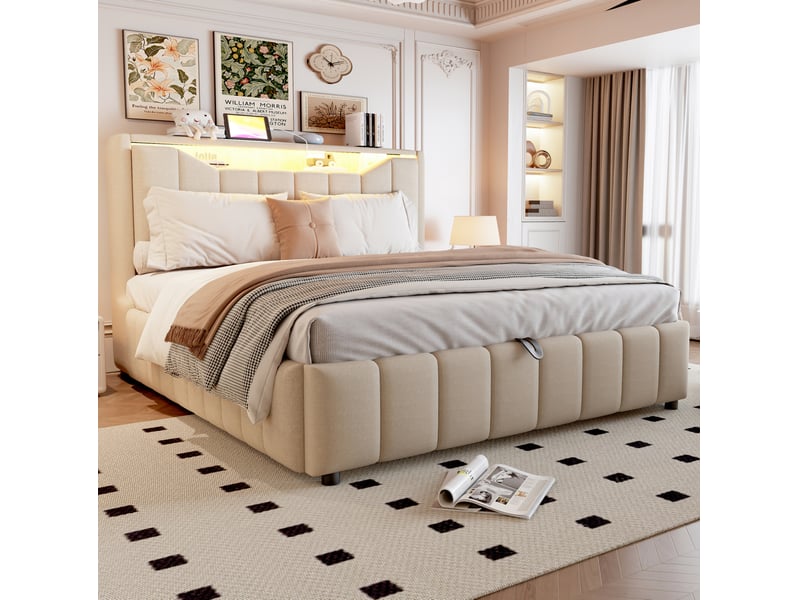  Lit coffre 140x200 cm avec sommier, rangement hydraulique, led et usb beige  - Conforama B