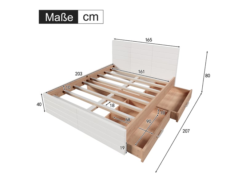  Cadre de lit, lit double 160x200 cm, 2 tiroirs, sommier à lattes, bois massif chêne blanc et clair, matelas inclus  - Conforama C