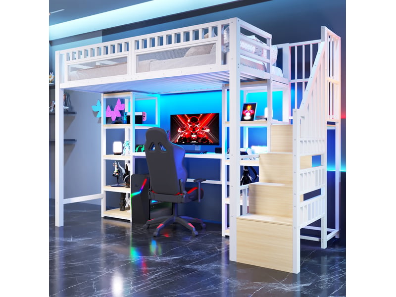  Lit mezzanine 90x200 cm avec bureau, led et rangement coloris blanc  - Conforama E