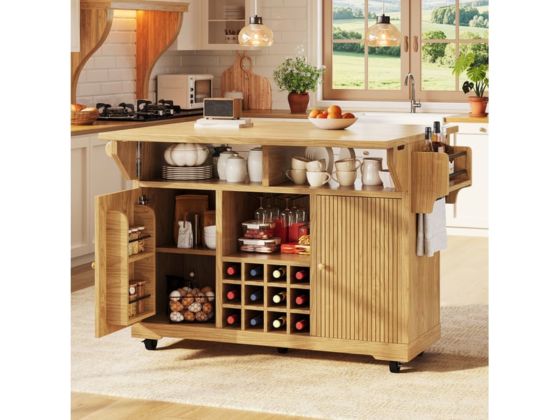  Desserte de cuisine mobile 142,5 x 80 x 95 cm avec plateau rabattable, marron naturel  - Conforama D