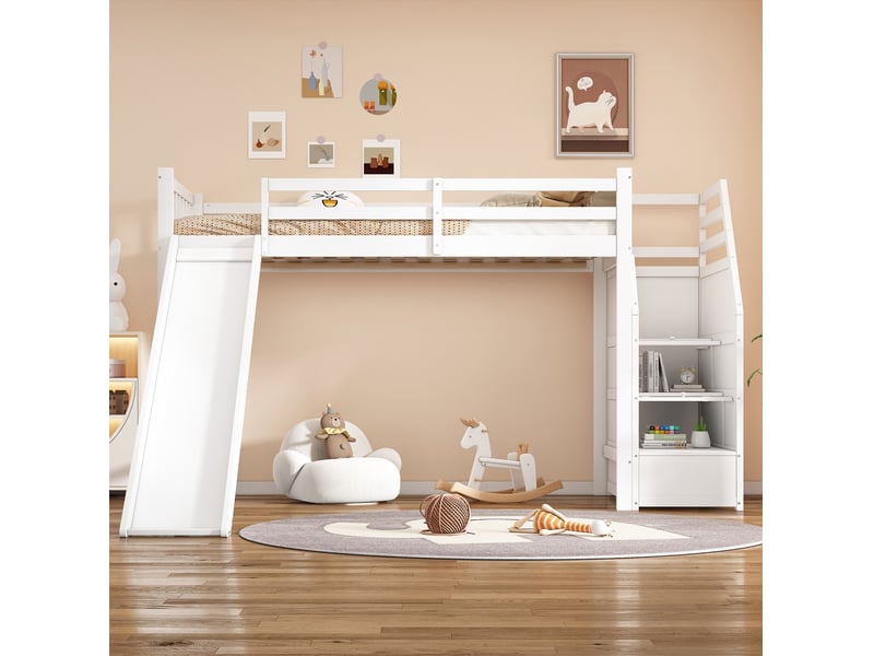  Lit mezzanine 90x200 cm avec toboggan, escalier de rangement en pin et mdf, blanc  - Conforama C