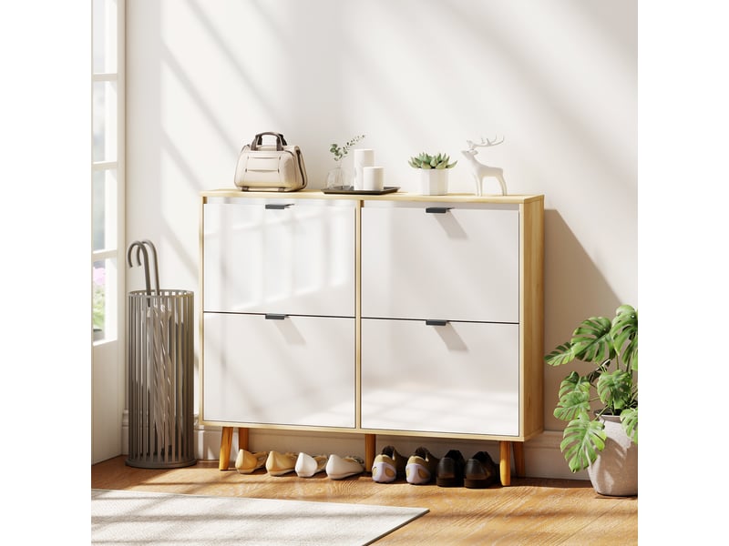 Étagère à chaussures moderne et fine avec 4 tiroirs inclinables pour 20 paires de chaussures, 105 x 24 x 92,5 cm, blanche - Conforama C