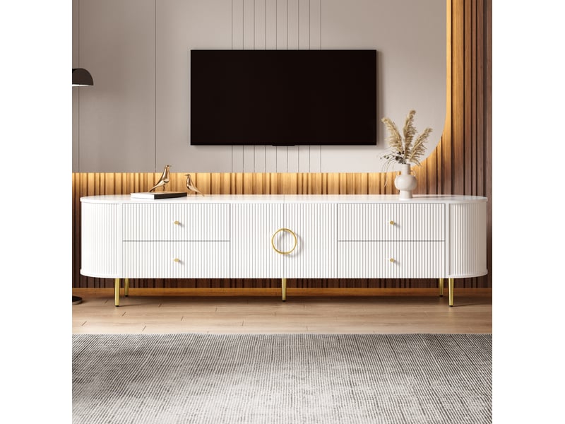  Meuble tv tcqpz 180 x 40 x 38 cm structure ondulée 3d bords arrondis mdf blanc passe-câbles  - Conforama E