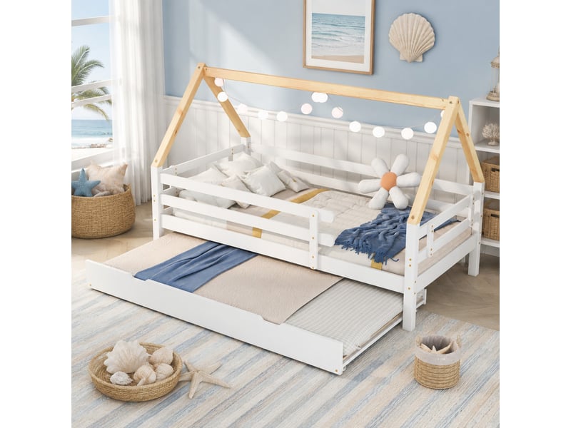  Lit cabane enfant gigogne 90x200 cm et 90x190 cm, blanc et naturel  - Conforama B