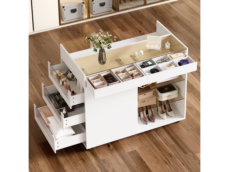  Coiffeuse avec 5 tiroirs et roulettes - pour chambre - en panneaux et verre trempé - 110×60×79 cm - blanc  - Conforama B