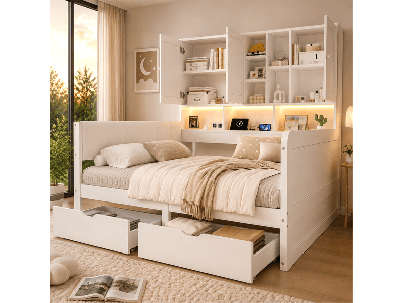  Lit banquette 140 × 200 cm 2 places avec led, usb, usb-c, prise et 2 tiroirs, sans matelas, en mdf, blanc  - Conforama B