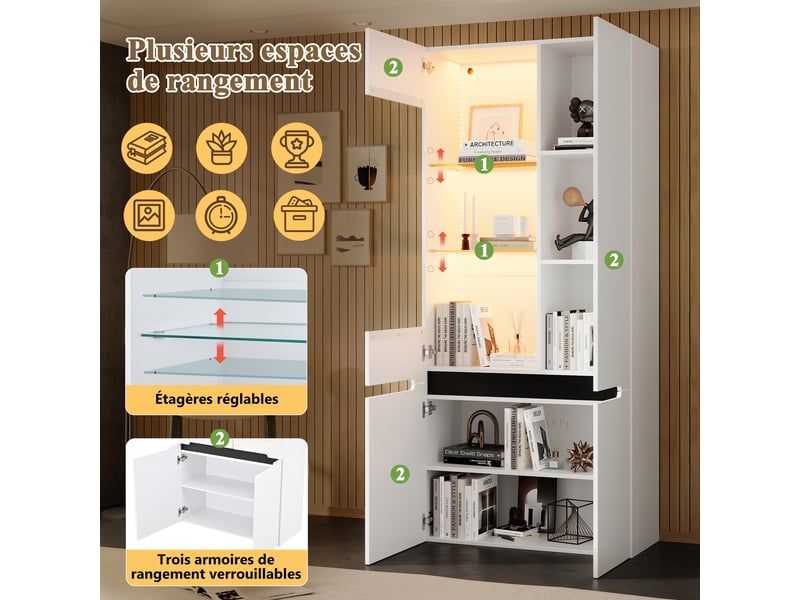 Vitrine haute 80x35x180 cm avec led bluetooth, 4 portes, 8 compartiments, 2 étagères en verre réglables, façade brillante, mdf blanc - Conforama E