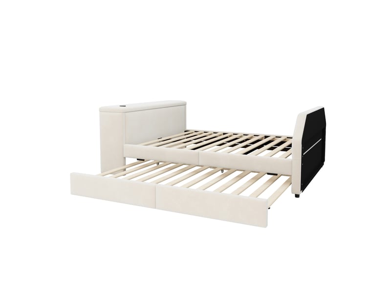  Lit enfant 140x200 cm avec bureau, usb et lit gigogne, velours beige, sans matelas  - Conforama D