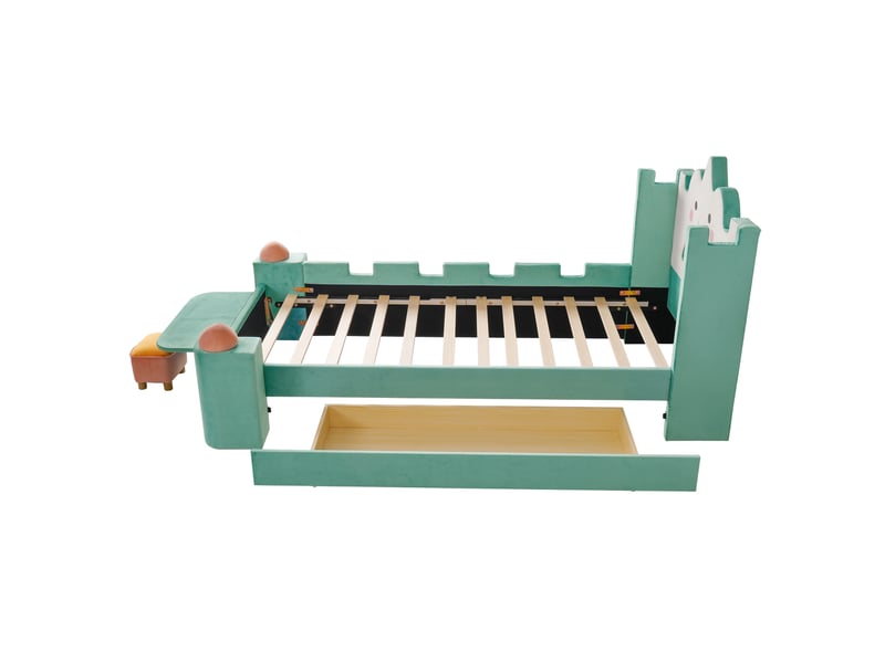 Lit simple 90x200 cm, lit enfant, tiroirs, étagères, barrière antichute, led, port usb, motif nuage, velours bleu et vert  - Conforama B