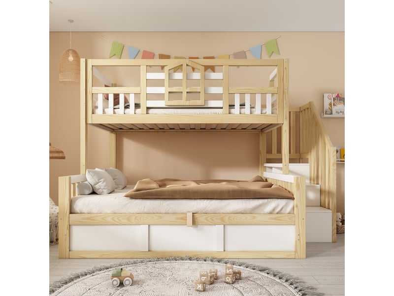  Lit superposé cabane enfant 90 x 200140 x 200 cm blanc et bois escalier rangement coffre hydraulique fenêtre en747 sans matelas  - Conforama B