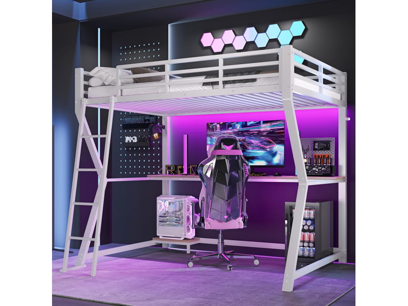  Lit mezzanine 90x200 cm avec bureau, éclairage led, prises usb, métal et mdf, blanc  - Conforama E