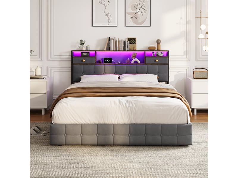  Lit double 160x200 cm avec coffre de rangement,led, usb et type-c, tête de lit de rangement, hydraulique, velours gris  - Conforama D