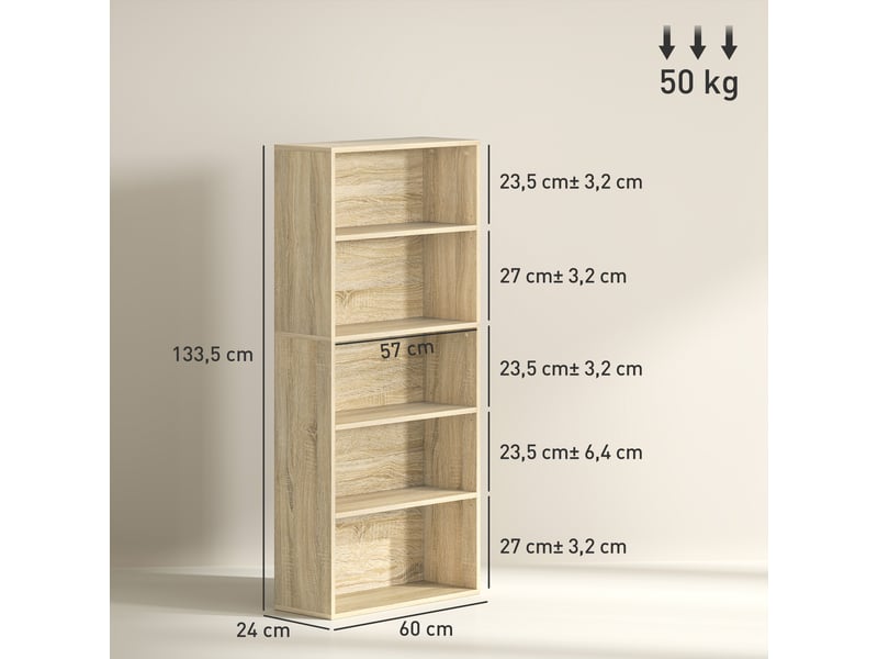 Bibliothèque étagère de rangement 5 niveaux avec étagères réglables pour salon, chambre, bureau, 60x24x133,5cm, naturel  - Conforama E