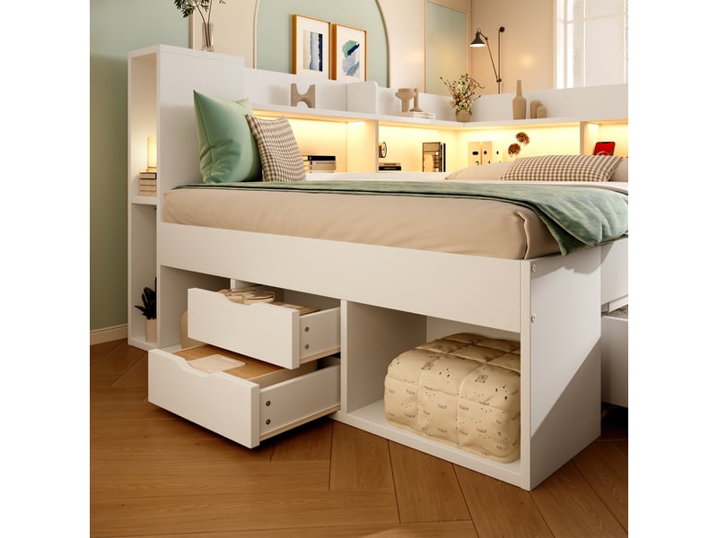 Lit double 140x200 cm avec matelas, led, rangements, usb et usb-c, blanc - Conforama D