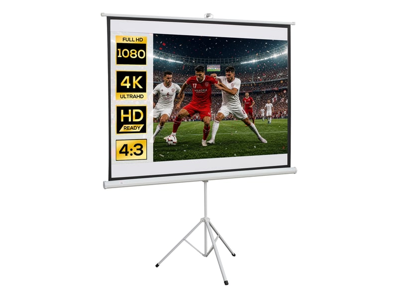  Écran de projection avec trépied pliable 84 pouces 4k hd 4:3, 180l cm, écran vidéoprojecteur, hauteur réglable, angle de vision 160°, pour home cinéma, blanc, films en intérieurextérieur  - Conforama B
