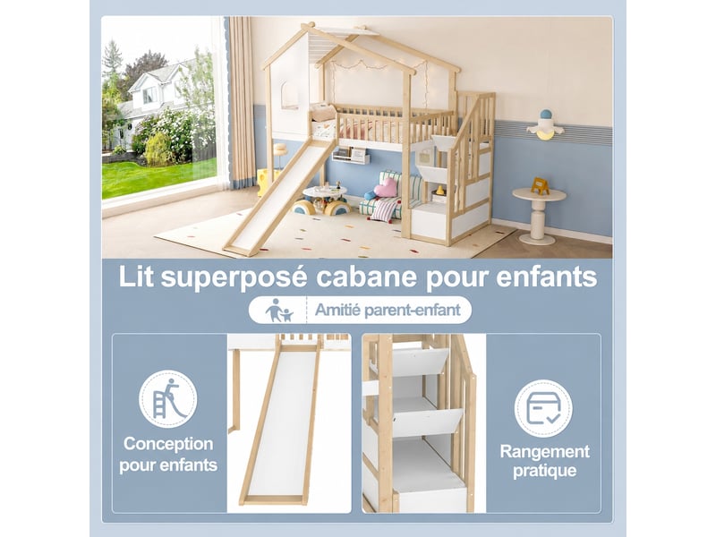 Lit mezzanine enfant 90 x 200 cm avec toboggan et rangements, forme cabane en pin massif, mdf et contreplaqué, naturel et blanc - Conforama R