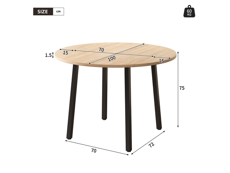 Table ronde ø100 cm en chêne avec pieds métal, pour 2 à 4 personnes, design moderne - Conforama C