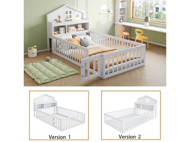  Lit enfant 90 x 200 cm, cadre de lit en bois massif, avec barrières de sécurité et porte, lit enfant avec espace de rangement  - Conforama E