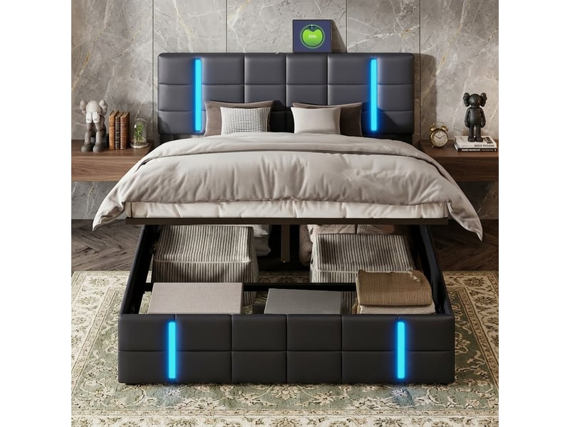  Lit coffre 160x200cm, lit double avec led, usb et tête de lit capitonné, cadre de lit avec sommier à lattes,pour adulte et adolescent, pu noir  - Conforama C