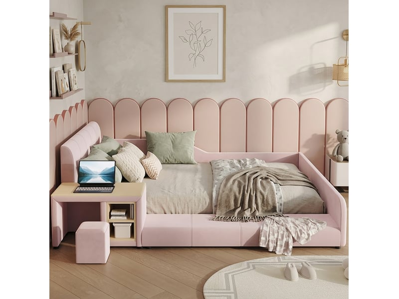  Lit simple enfant 140x200 cm avec bureau, tabouret, tablette de rangement, lattes en bois, couleur rose, sans matelas  - Conforama D