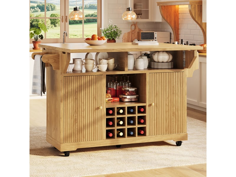 Desserte de cuisine mobile et îlot de cuisine extensible, chariot de service avec porte-bouteilles, hauteur 95 cm, bois naturel - Conforama W