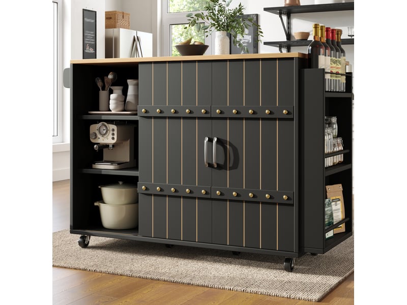  Desserte de cuisine 110x42x90 cm à roulettes, plateau rabattable, noire en mdf  - Conforama E