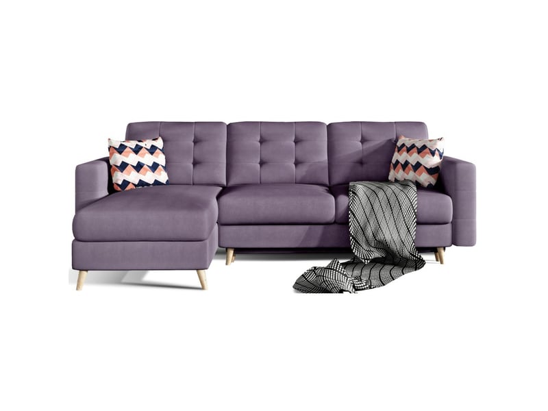 Canapé d'angle convertible hasgard 3 places violet 248x162 cm – coffre et pieds bois - Conforama A