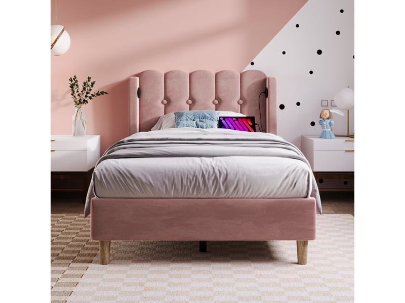  Lit simple en velours rose, lit 1 place avec ports usb et type-c, couchage 200x90 cm, sans matelas  - Conforama B