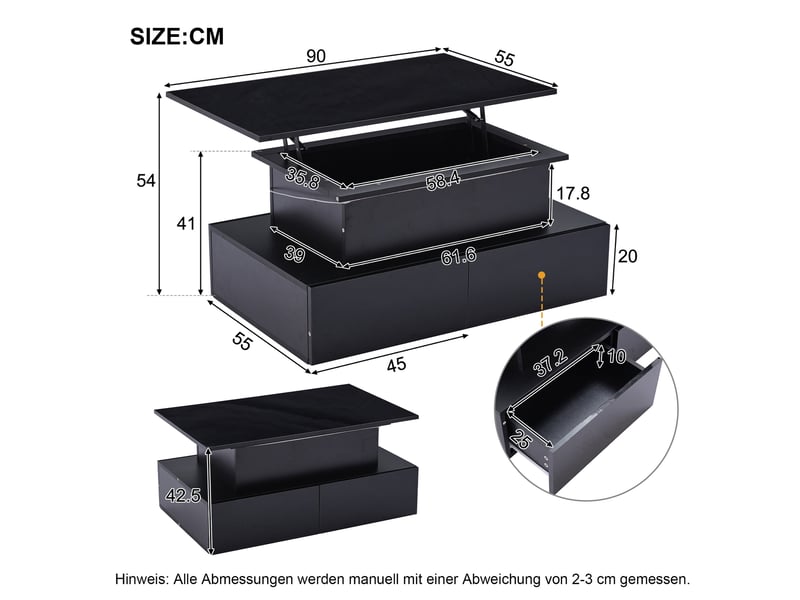  Table basse moderne noire laquée avec éclairage led et 4 tiroirs - table d'appoint élégante 90 x 55 x 41 cm avec espace de rangement jusqu'à 30 kg  - Conforama C