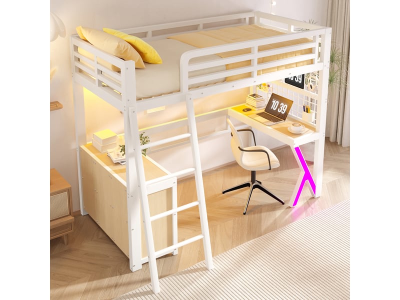  Lit mezzanine, 90 x 200 cm, table, bande lumineuse led, armoire de rangement, sans matelas, blanc  - Conforama B