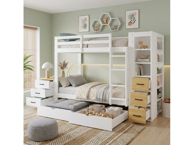  Lit superposé 90 x 200 cm blanc et naturel avec rangements, échelle et chevet  - Conforama B