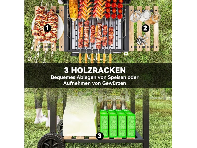  Barbecue au charbon mobile 112x58x107 cm – noir – couvercle avec thermomètre et bac réglable  - Conforama E