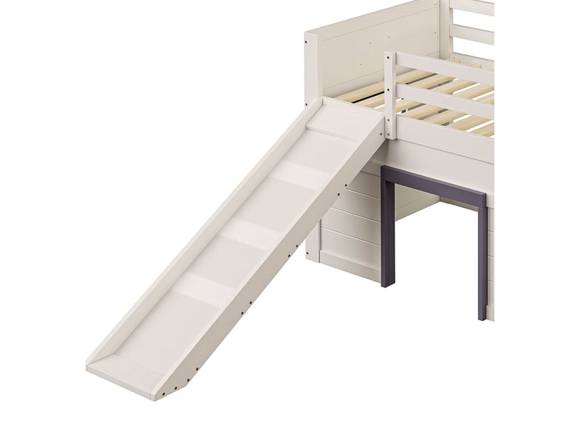  Lit mezzanine 90 × 200 cm 1 place avec toboggan, 3 tiroirs et 2 portes, sans matelas, en bois, crème  - Conforama E