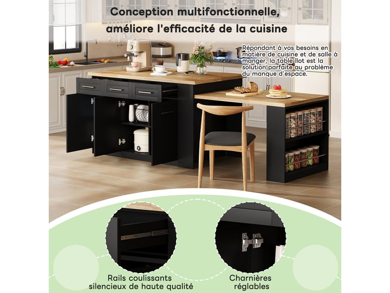  Îlot multifonctionnel cuisine table rallonge noir plan bois laminé rangement intégré familial 150 x 90 x 90 cm  - Conforama D