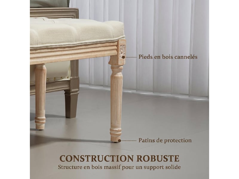  Banc bout de lit capitonné tissu aspect lin et bois d'hévéa crème 115 x 40 x 43 cm  - Conforama E