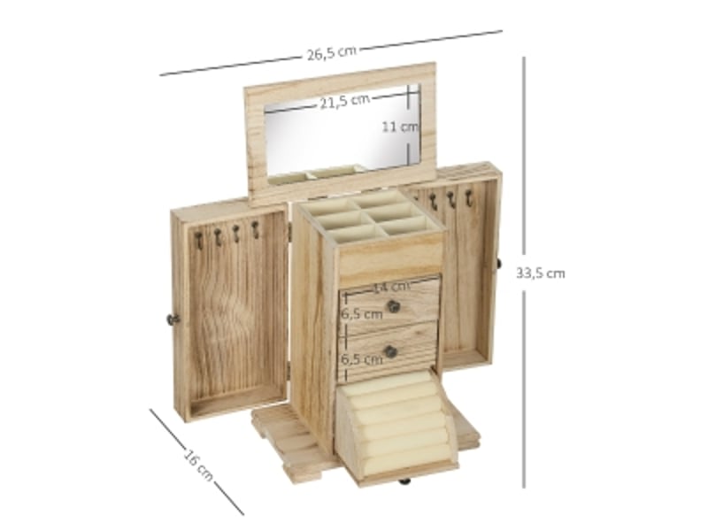  Boîte à bijoux en bois 4 niveaux 26,5x16x33,5 cm – Coffret à bijoux avec miroir intégré, tiroirs et portes latérales à 8 crochets pour colliers – Marron  - Conforama D