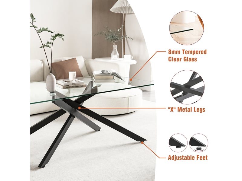  Table basse en verre trempé avec plateau transparent et structure en métal noir pour salon 100 × 60 × 46 cm  - Conforama E