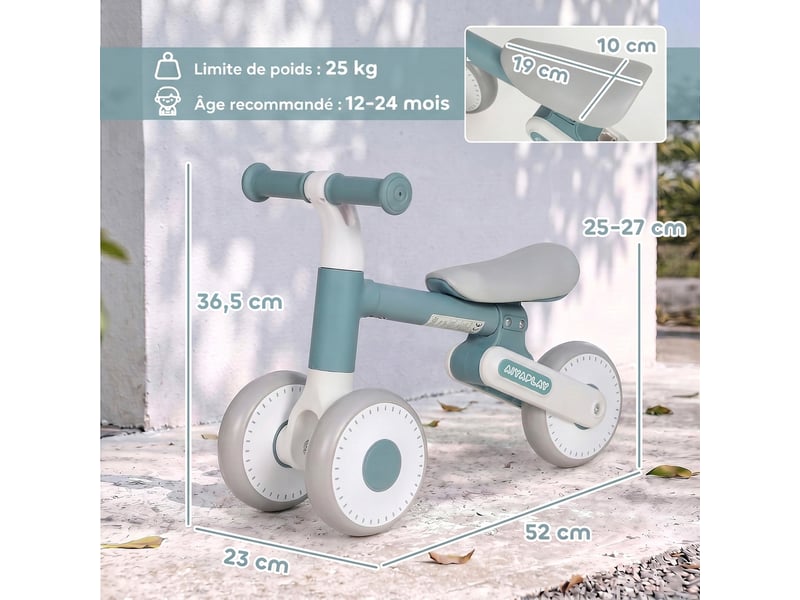  Draisienne bébé 1-2 ans pliable, siège réglable, direction limitée à 135°, pneus eva silencieux, 52x23x36,5cm, bleu  - Conforama E