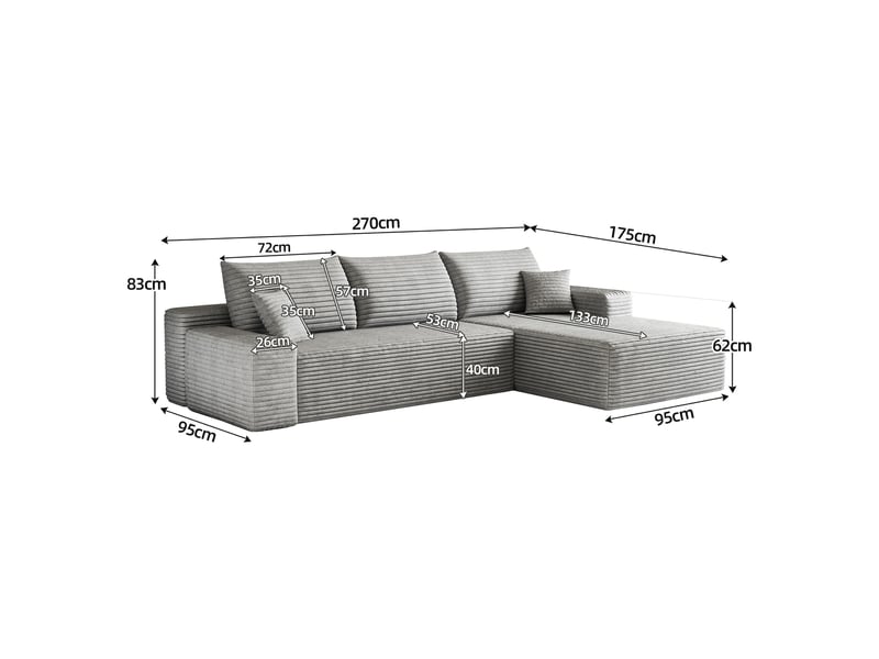 Canapé d’angle modulable 270 cm en velours côtelé, méridienne en l, assise profonde, sans montage, gris IKSETERA TRADING LTD - Conforama C
