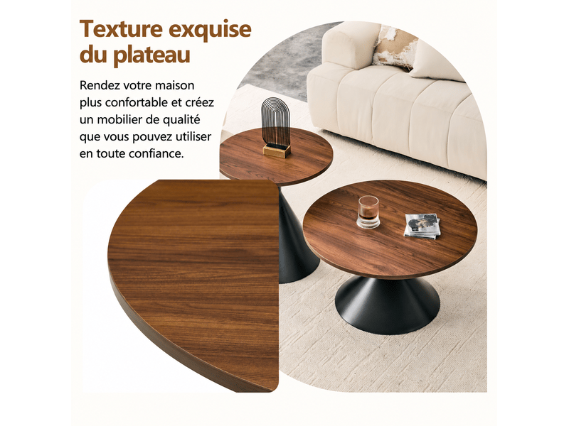  Lot de 2 tables basses gigognes 70x40+50x50 cm, empilables, gain de place, pour salon et chambre, métal, noyer et noir  - Conforama E