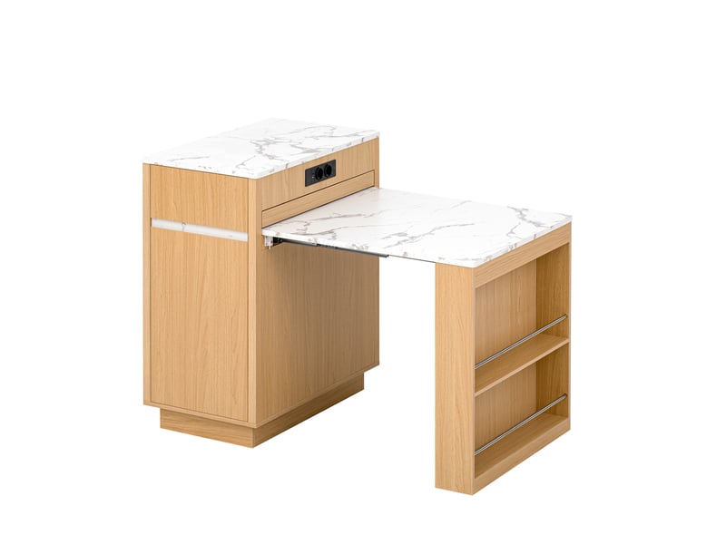  Îlot de cuisine extensible avec roulettes, éclairage led et prises usb type-c, naturel et blanc marbré  - Conforama A
