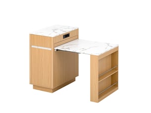 Îlot de cuisine extensible avec roulettes, éclairage led et prises usb type-c, naturel et blanc marbré
