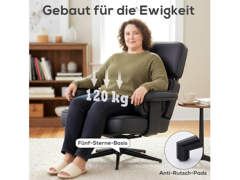  Fauteuil relax avec repose-pieds, appui-tête réglable et base métallique en cuir synthétique noir  - Conforama D