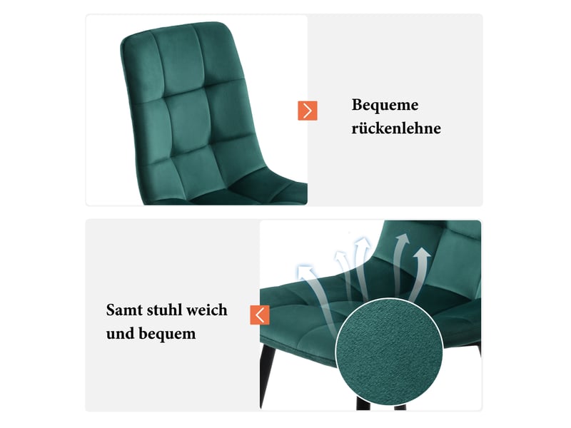  Ensemble de 4 chaises de salle à manger en velours, chaises de cuisine rembourrées avec dossier et pieds en métal, chaise rembourrée moderne, chaise confortable pour salon, salle à manger et cuisine (vert)  - Conforama D