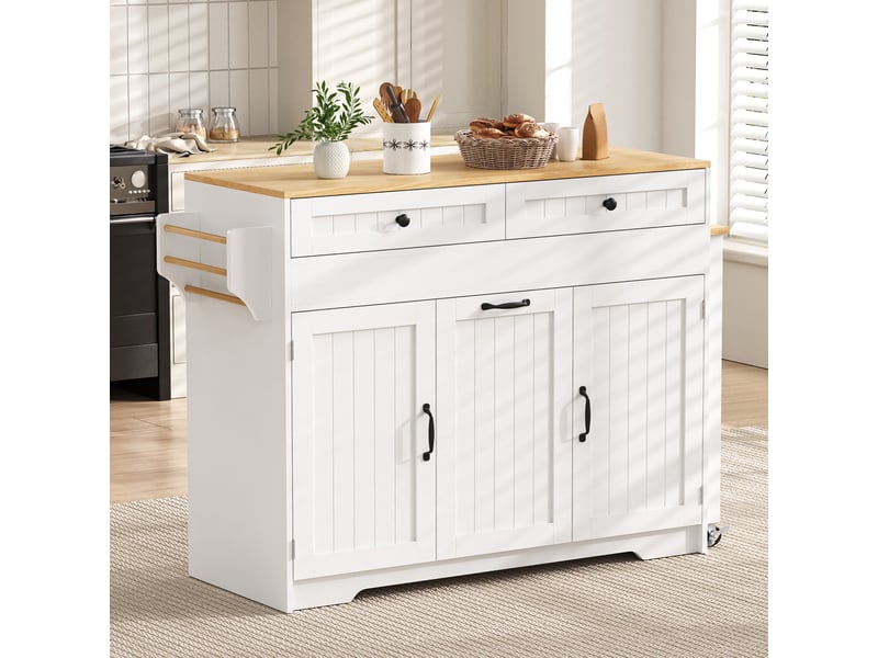  Îlot de cuisine extensible 188,6 x 36,7 x 92 cm, roulettes, 2 tiroirs, 3 portes et poubelle intégrée, blanc, en mdf  - Conforama E