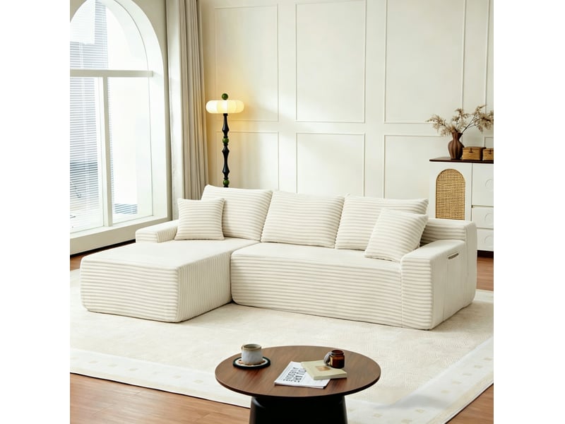  Canapé d’angle modulable 4 places en velours côtelé beige, 239x156x79 cm  - Conforama W